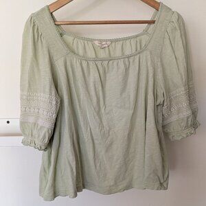 Lucky Brand 100% Cotton Embroidered Sleeve Square Neck Tee Light Pale Green L